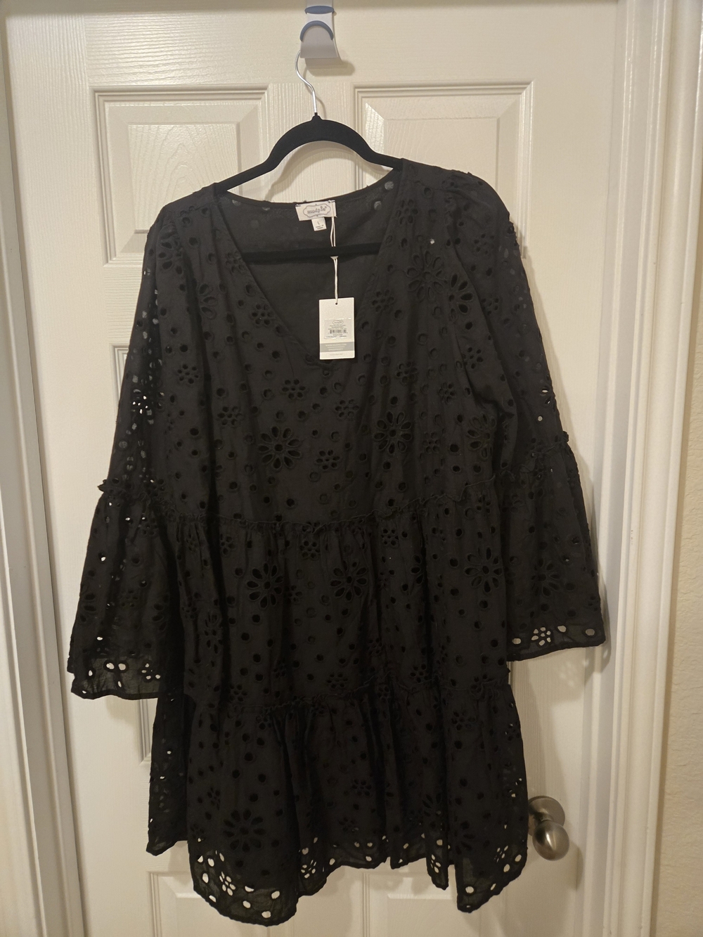 Mud Pie Black Eyelet Tiered Midi Dress with Bell Sleeves